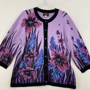 Bob Mackie Large Purple Blue Floral Artsy 3/4 Sleeve Button Cardigan Preppy